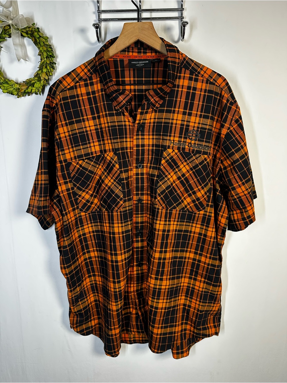 HARLEY DAVIDSON Tech Coolmax Plaid Short Sleeve Shirt Orange Black Size 2XL